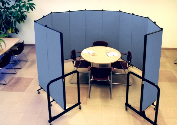 "Birds-eye view" of versatile Portable Room Dividers set up in circular fashion around a round table