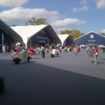 A row of temporary buildings at a PGA golf tournament