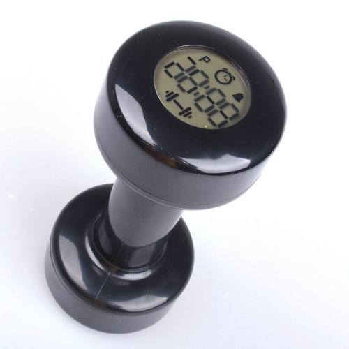 The face of an alarm clock on the end of a dumbbell