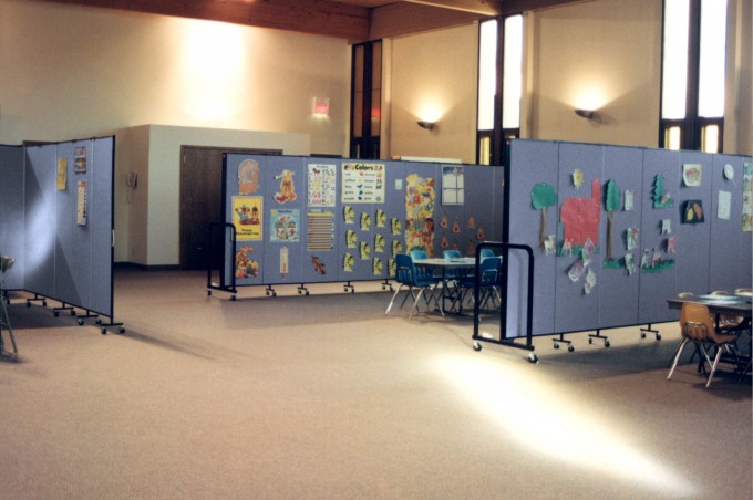 3 Room Dividers create multiple Sunday School classrooms in a large open fellowship hall