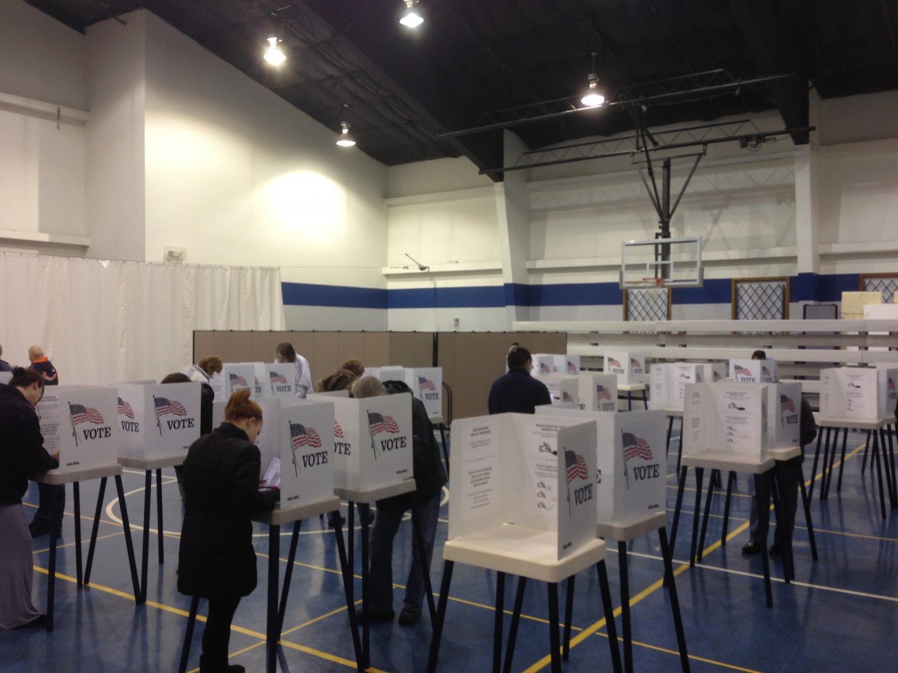 Rows of voting booths in a gym on election day