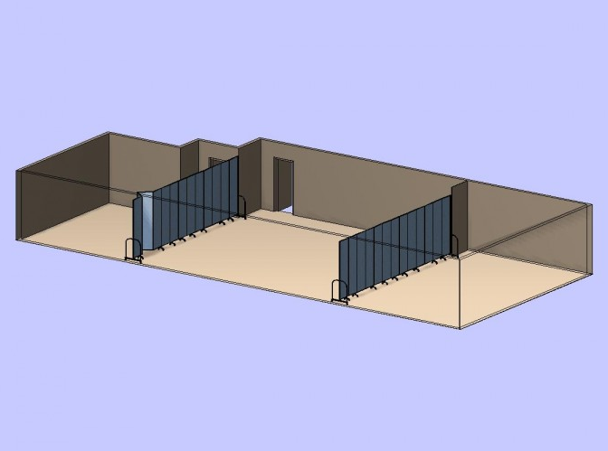 3d view of 3 rooms with 2 room dividers A virtual image of two folding partition walls separating a room into three classrooms