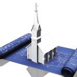 A white church image on a blueprint