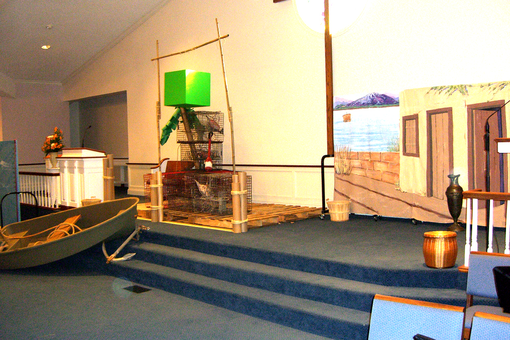 VBS drama stage created using an abandoned boat, a pier, and a fishing hut.