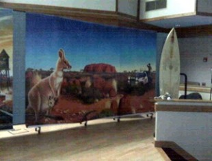 A mural of a kangaroo tacked to a Screenflex Room Divider being used for VBS backdrop