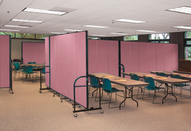 Screenflex heavy duty room dividers Mauve heavy duty room dividers create multiple meeting rooms within a larger room.