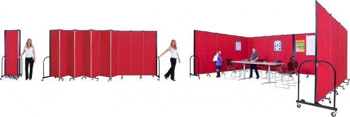 Screenflex room dividers in a closed, rolling, and open position Screenflex room dividers in action