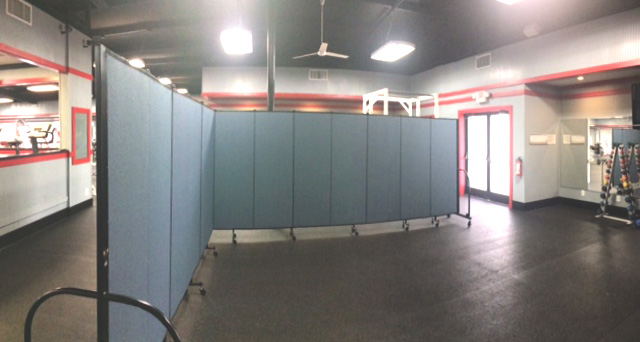 A room divider splits a classroom into two rooms at the Younts Fitness Center at North Greenville University