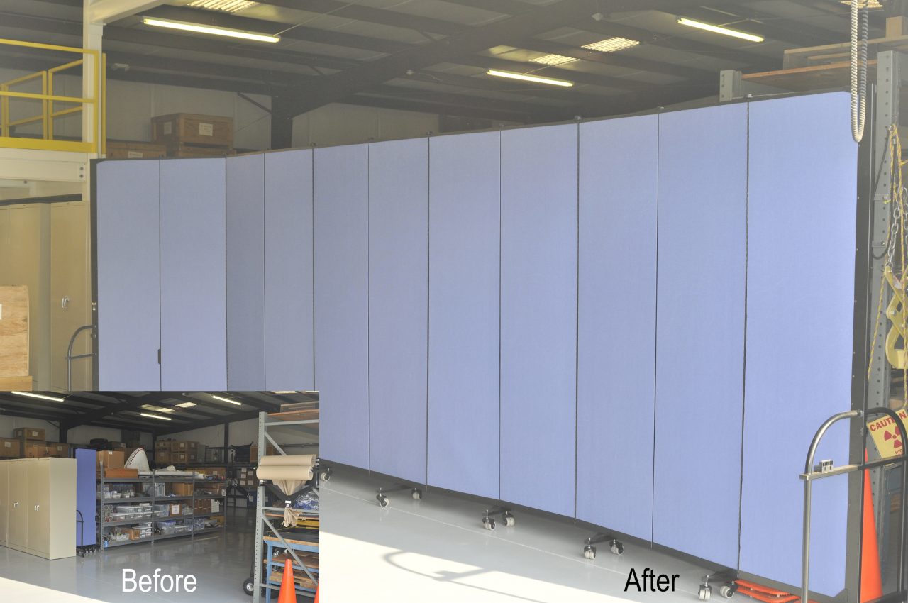 Before and after image of rolling dividers separating a warehouse in two