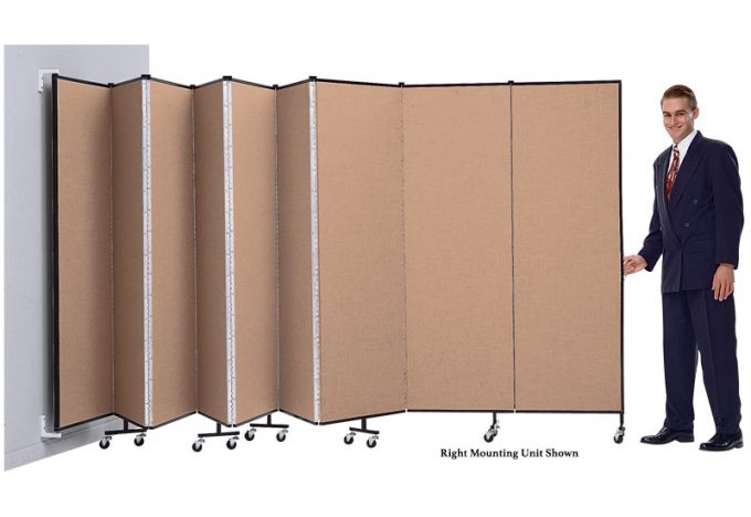 A Man Opens a Wallmount Screenflex Room Divider A Man Opens a Right Mounting Wallmount Screenflex Room Divider