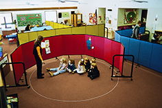 Primary Colorsed room dividers separate a daycare center into three classrooms 3 early childhood classrooms made with portable room dividers when you need more space