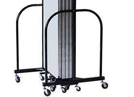 A rounded end frame at the end of a closed portable room divider Low end frame provides stability